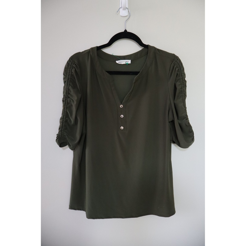 Business Casual Perception Concept Blouse XL Olive Green Ruched Henley Top